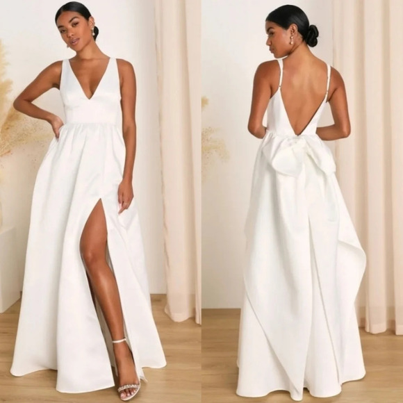 Lulus Blissfully Beloved Ivory Backless A-Line Bow Maxi Dress Wedding Bride - Picture 1 of 12